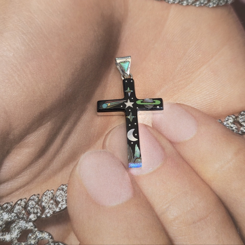 💫Stunning Sterling  Silver💫 and Black Celestial Cross Necklace~ Natural Stones